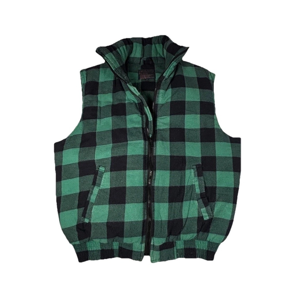 Woodland Vest Mens Large Green Black Buffalo Plaid‎ Quilted Flannel Workwear